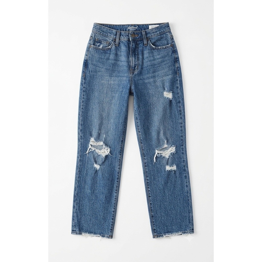 Women's High Rise Distressed Mom Jeans - Vintage Wash Raw Hem Denim